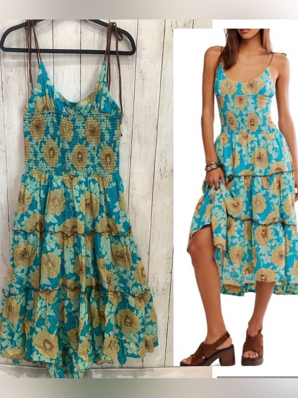Free People Adriel Midi Dress Hawaiian Ocean Combo Medium Floral Boho Tiered NWT